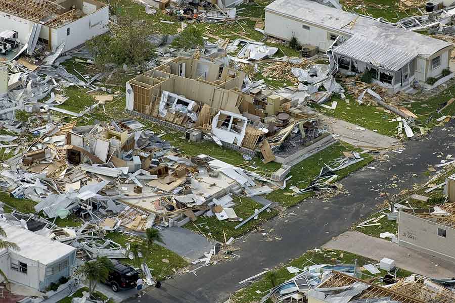 An area of homes devastated by hurricane disaster, much like Hurricane Helene.